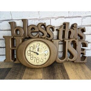 Vintage Wall Clock “Bless This House” By Burwood 1980’s Brown WORKS